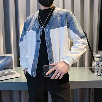 Корейская джинсовая куртка в стиле пэчворк, мужская модная красивая Повседневная куртка-бомбер, мужская Социальная уличная одежда, ветровка, пальто 2023 Осень