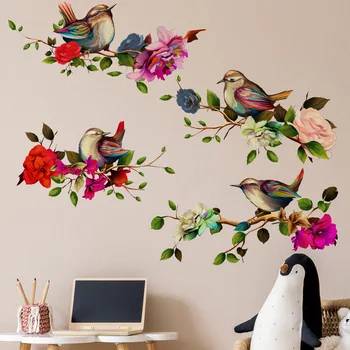 Наклейка на стену с птицами и цветочным рисунком Птицы, сидящие на ветках, цветы, украшающие стены, наклейки, аксессуары для украшения комнаты