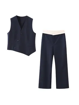 PB & ZA Для женщин, Новый Модный Асимметричный дизайн, жилет с двойным воротником + контрастные брюки, Винтажный карман, Повседневные Шикарные женские костюмы Mujer