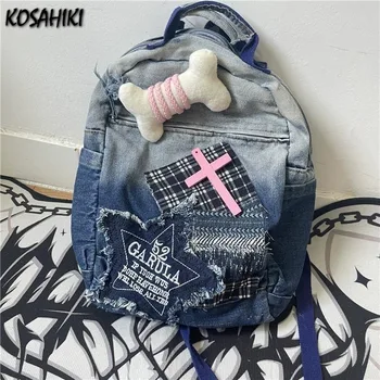 Индивидуальность Рюкзаки Harajuku Y2k Джинсовые Градиентные сумки с вышивкой буквами звезд, лоскутное шитье крестом, женские школьные сумки большой емкости