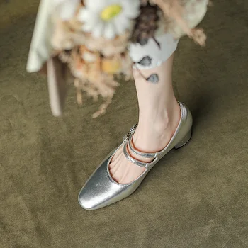 Туфли Мэри Джейн с квадратным носком во французском ретро стиле на среднем и толстом каблуке, нежные тонкие туфли