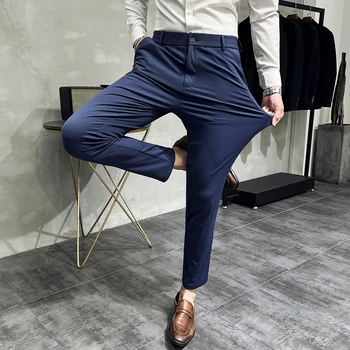 Бренд 2023, мужские костюмные брюки с высокой талией, мужские брюки, Прямые Свободные Официальные деловые Повседневные мужские брюки D191