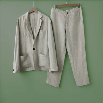 Комплект льняного костюма, мужской весенне-осенне-летний повседневный блейзер, свободный хлопковый пиджак из двух частей в тонком стиле, топ и брюки, брюки