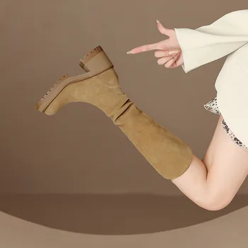 Женский Новый дизайн, Модные Дышащие сапоги до колена с противоскользящим покрытием Осень 2023, Увеличивающие рост ботинки в британском стиле в стиле ретро