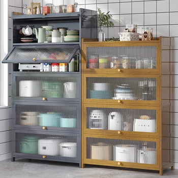 Современные кухонные шкафы из бамбука Кухонная мебель Шкаф для хранения бытовой посуды Многослойная полка с пылезащитной дверцей