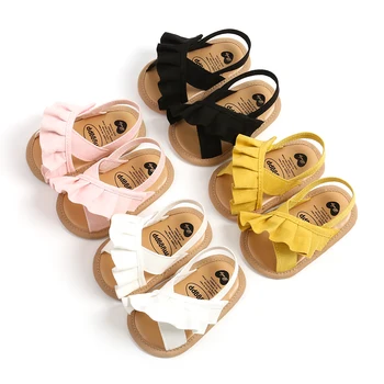 Летние сандалии EWODOS для маленьких девочек, милые туфли на плоской подошве с рюшами, Нескользящая мягкая подошва, для младенцев, для первых ходунков, сабо, Замшевые сандалии