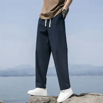 Мужские хлопчатобумажные брюки из мягкого льна Модные повседневные брюки Летние Тонкие однотонные Дышащие Свободные прямые брюки Уличная одежда