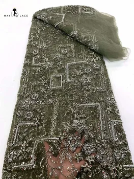 Майское кружево Роскошная Африканская кружевная ткань с блестками высокого качества 2023, тяжелая вышивка бисером, Французский тюль, кружевное Нигерийское свадебное платье