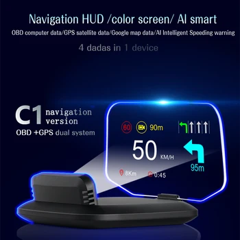 HD C1 OBD2 HUD Автомобильный головной дисплей GPS Навигационный проектор Цифровой датчик скорости КМЧ миль ч Превышение скорости об/мин Сигнализация Подключи и играй