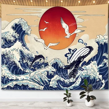 Японский настенный гобелен с океанской волной, эстетическое оформление комнаты, Гобелены с пейзажами заката, Картины для домашнего декора, Коврики для йоги