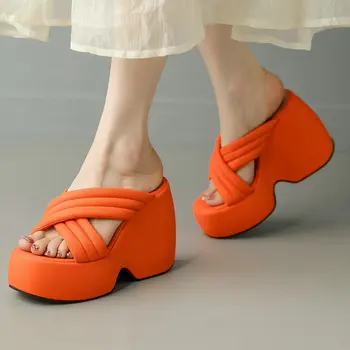 Оранжево-зеленые Богемные женские тапочки с перекрестным ремешком, Летняя обувь, Босоножки на платформе и танкетке, Шлепанцы на высоком каблуке, увеличивающие рост Шлепанцы