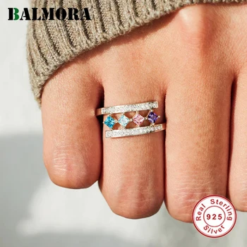BALMORA S925 Серебряные Двухслойные Квадратные Красочные Кольца с цирконием Для женщин Простое Модное Свадебное заявление Anillos Ювелирный подарок
