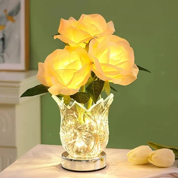 Настольная лампа с розами, светодиодные искусственные цветы, настольная лампа для дома, спальня, гостиная, декор рабочего стола, ночник с прозрачной стеклянной вазой