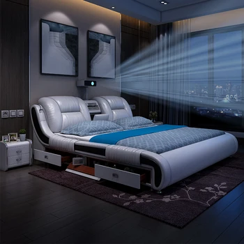 Кровать из натуральной кожи, многофункциональные кровати, массажные камеры Ultimate с Bluetooth, динамиком, сейфом, воздухоочистителем, проектором, выдвижными ящиками