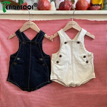 Классические хлопчатобумажные джинсовые комбинезоны для младенцев однотонных цветов - Модная Летняя одежда, боди для новорожденных мальчиков и девочек 0-24 м