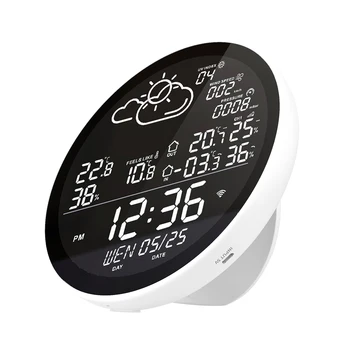 Умная Метеостанция Tuya Wifi с Часами, Измеритель Температуры и Влажности в помещении и на открытом воздухе, Погодные Часы с Большим Цветным Экраном