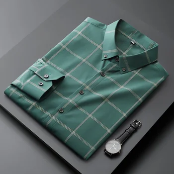 Большие размеры M-4XL, высококачественные зеленые рубашки в клетку, мужские деловые повседневные рубашки с длинным рукавом, осенняя приталенная рубашка для светской вечеринки