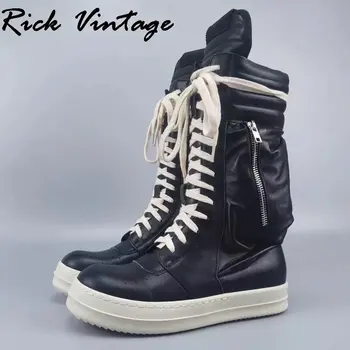 Мужские мотоциклетные ботинки Rick Vintage из качественной кожи, повседневная уличная обувь на толстой подошве, ботинки из телячьей кожи на шнуровке с круглым носком, унисекс