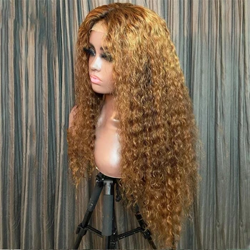 Длинные вьющиеся парики из человеческих волос Remy медового блонда для чернокожих женщин, детские волосы, бесклеевые, предварительно выщипанные, 360 кружевных фронтальных париков, Отбеленные узлы