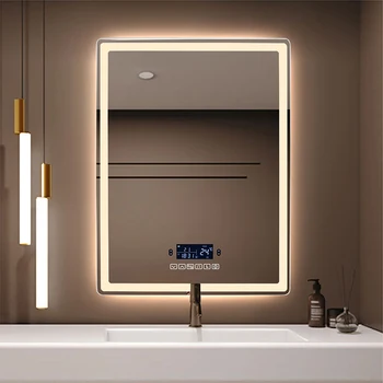 Прямоугольное умное зеркало для макияжа в ванной со светодиодной подсветкой, индикация времени индукции человеческого тела, отображение времени запотевания, Настенные зеркала