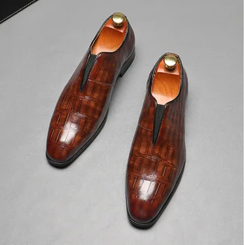 Мужская повседневная обувь на плоской подошве из натуральной кожи с рисунком крокодиловой кожи, офисные свадебные модельные туфли без застежки для мужчин