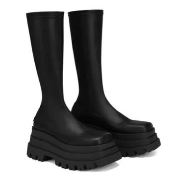 2023 Женские ботинки на танкетке с квадратным носком, черные ботинки в стиле панк на платформе, Женская повседневная обувь