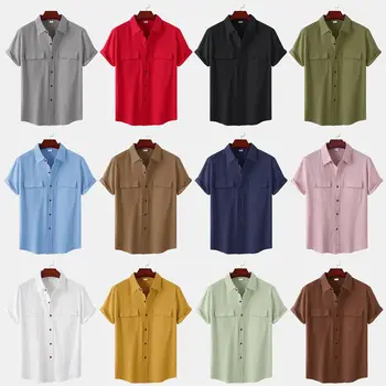Однотонные хлопчатобумажные льняные короткие рубашки для мужчин, летняя повседневная рубашка с двойным карманом и коротким рукавом, мужские Деловые, праздничные, дышащие майки